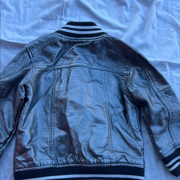 Oshkosh Genuine KIDS Metallic Silver Kids Bomber Varsity Jacket Striped Cuffs - Picture 6 of 7